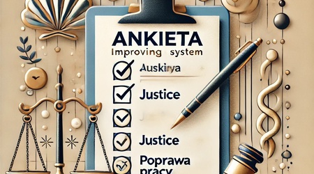 DALL·E 2025-01-22 14.48.44 - A graphic design about improving court systems with a Polish survey theme. The composition includes a clipboard with a checklist labeled 'ANKIETA' and.jpg