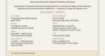 35. Tarnowski Bieg Leliwitów: Kategoria „Prawnicy w Ruchu” 17.10.2026 r.