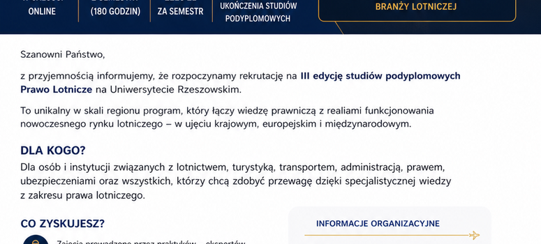 Rekrutacja III edycję studiów podyplomowych „Prawo lotnicze" na Uniwersytecie Rzeszowskim