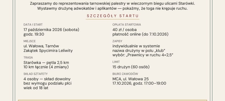 35. Tarnowski Bieg Leliwitów: Kategoria „Prawnicy w Ruchu” 17.10.2026 r.