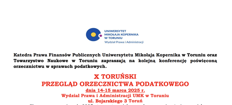 Konferencja X Toruński Przegląd Orzecznictwa Podatkowego, 14-15 marca 2025 r.
